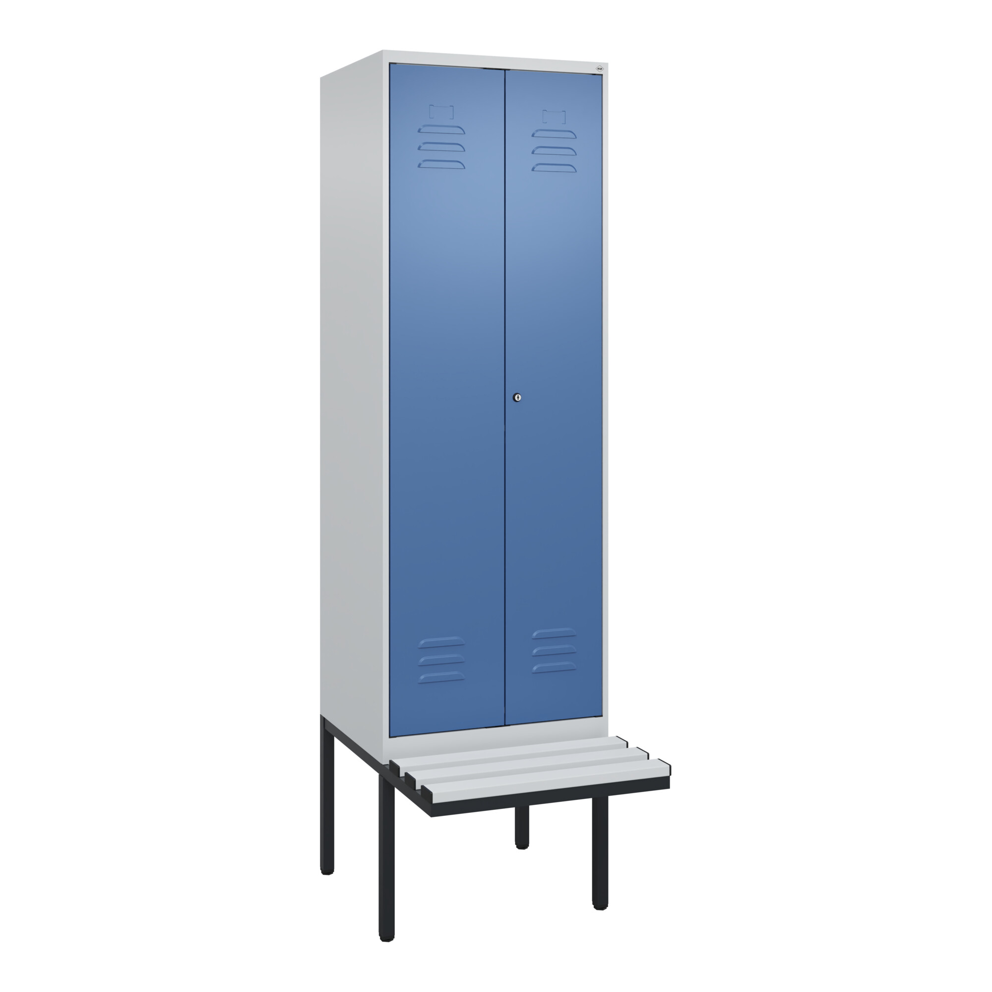 C+P PSA Doppel-Spind Classic PLUS, Bank, 2 Abteile, 2120x600x815mm, 7035/5023 Verschluss Zylinderschloss Sitzbanktyp auskragend Material Sitzfläche Ku