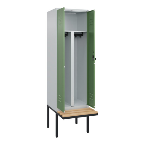 C+P PSA Doppel-Spind Classic PLUS, Bank, 2 Abteile, 2120x600x815mm, 7035/6011 Verschluss Sicherheits-Drehriegel Sitzbanktyp auskragend Material Sitzfläche Buche-Hartholz