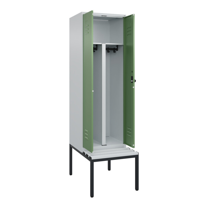 C+P PSA Doppel-Spind Classic PLUS, Bank, 2 Abteile, 2120x600x815mm, 7035/6011 Verschluss Sicherheits-Drehriegel Sitzbanktyp untergebaut Material Sitzfläche Kunststoff