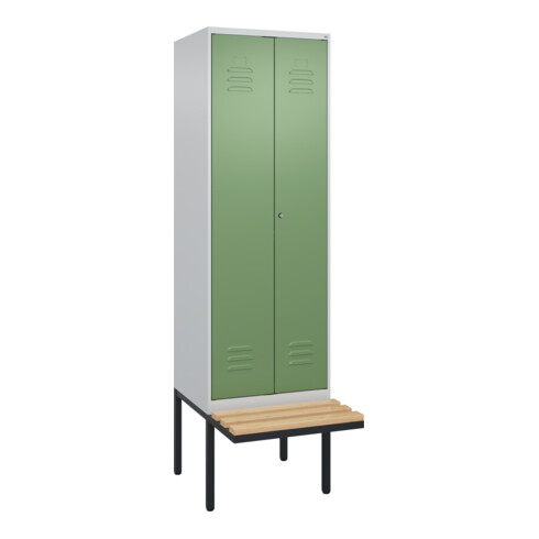 C+P PSA Doppel-Spind Classic PLUS, Bank, 2 Abteile, 2120x600x815mm, 7035/6011 Verschluss Zylinderschloss Sitzbanktyp auskragend Material Sitzfläche Buche-Hartholz