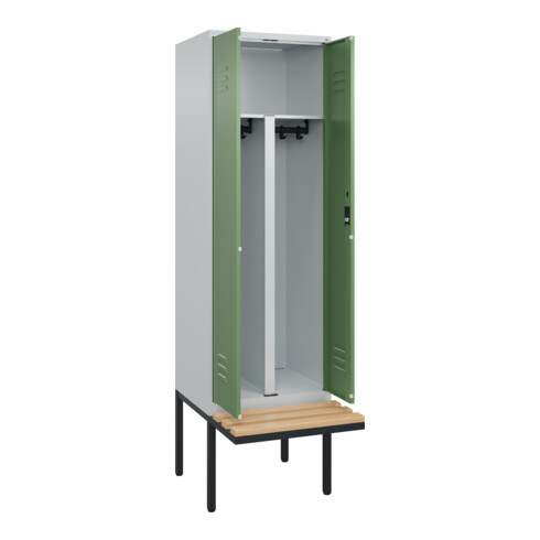 C+P PSA Doppel-Spind Classic PLUS, Bank, 2 Abteile, 2120x600x815mm, 7035/6011 Verschluss Zylinderschloss Sitzbanktyp auskragend Material Sitzfläche Buche-Hartholz