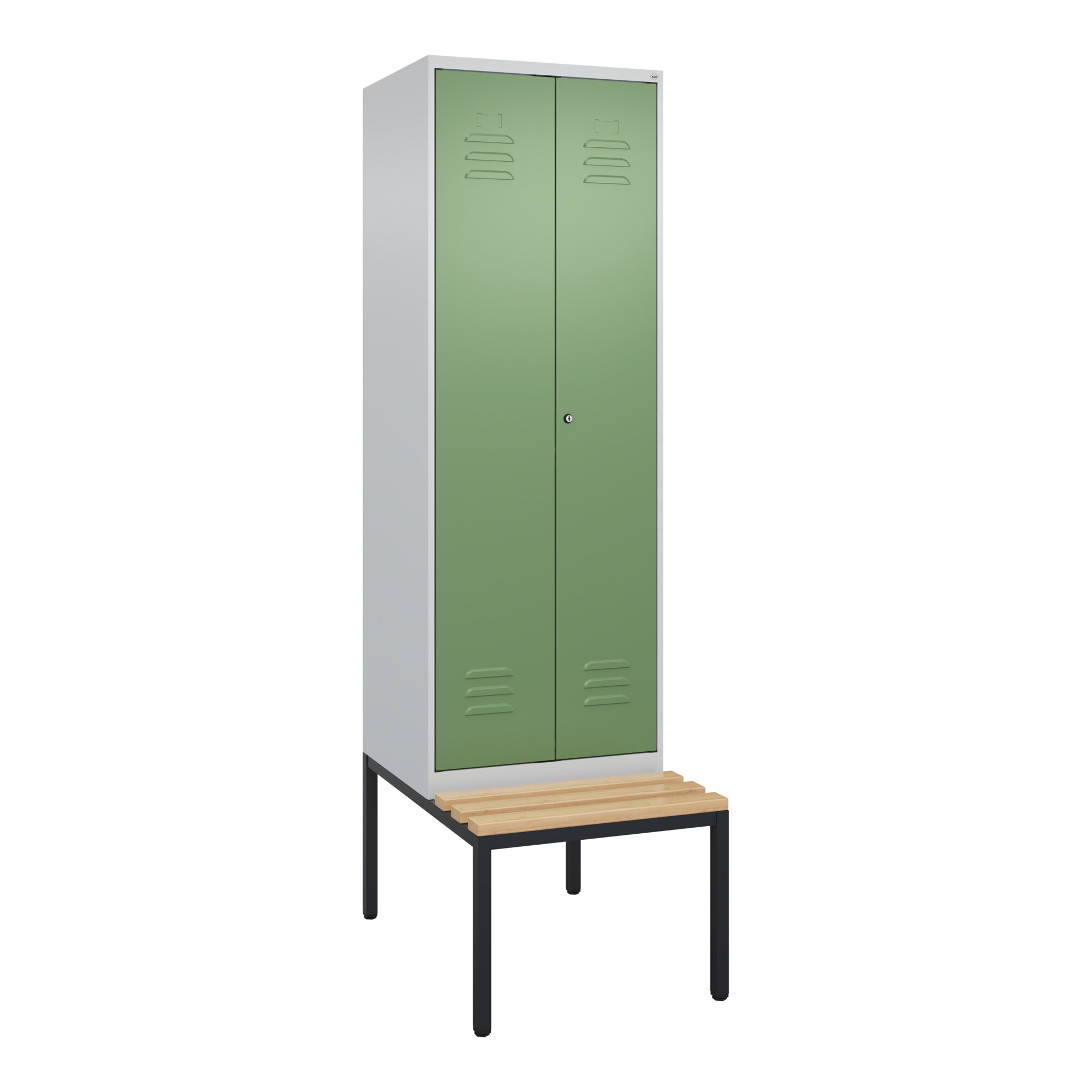 C+P PSA Doppel-Spind Classic PLUS, Bank, 2 Abteile, 2120x600x815mm, 7035/6011 Verschluss Zylinderschloss Sitzbanktyp untergebaut Material Sitzfläche B
