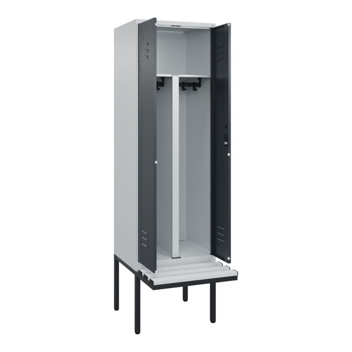 C+P PSA Doppel-Spind Classic PLUS, Bank, 2 Abteile, 2120x600x815mm, 7035/7016 Verschluss Zylinderschloss Sitzbanktyp auskragend Material Sitzfläche Kunststoff