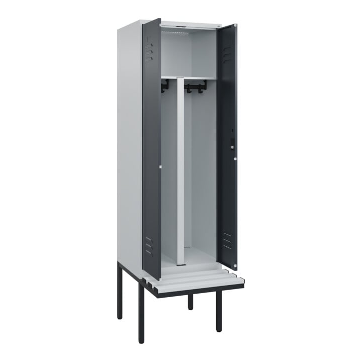 C+P PSA Doppel-Spind Classic PLUS, Bank, 2 Abteile, 2120x600x815mm, 7035/7016 Verschluss Zylinderschloss Sitzbanktyp auskragend Material Sitzfläche Kunststoff