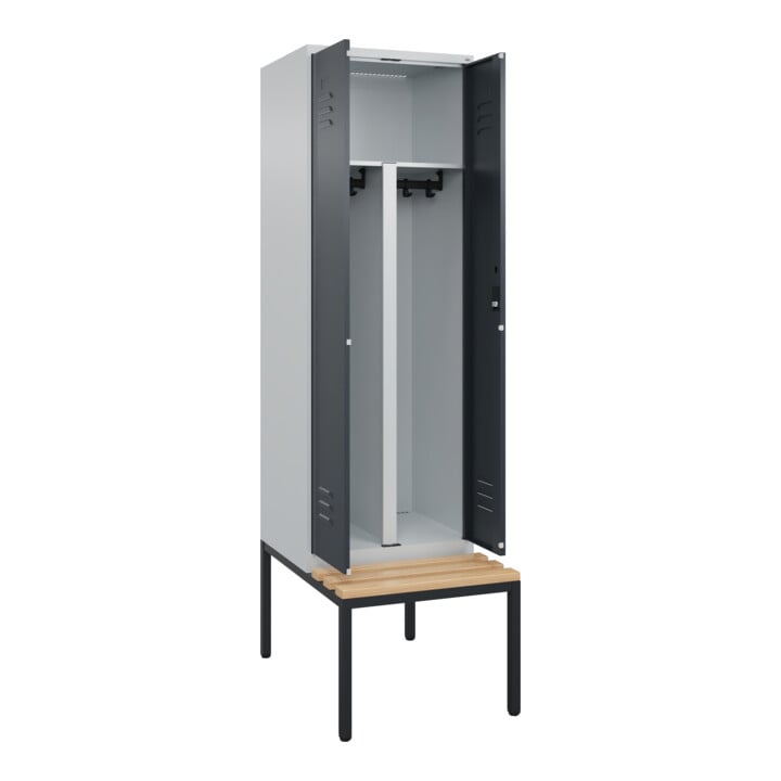 C+P PSA Doppel-Spind Classic PLUS, Bank, 2 Abteile, 2120x600x815mm, 7035/7016 Verschluss Zylinderschloss Sitzbanktyp untergebaut Material Sitzfläche Buche-Hartholz