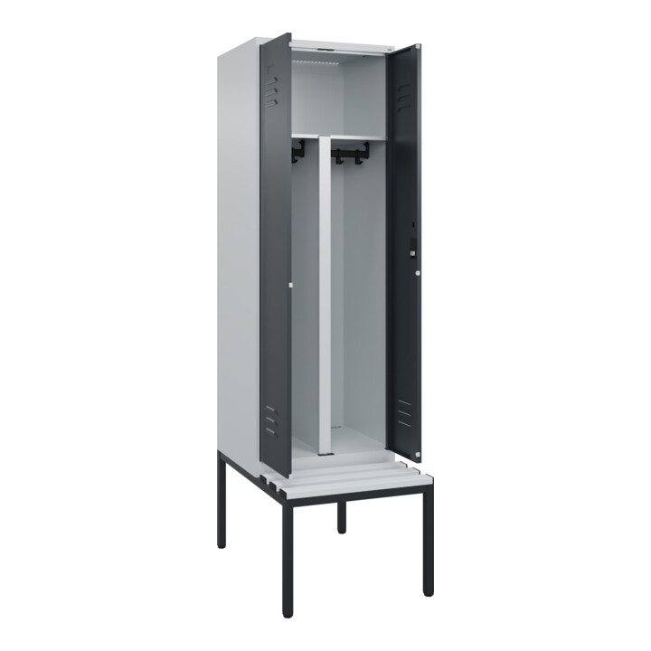 C+P PSA Doppel-Spind Classic PLUS, Bank, 2 Abteile, 2120x600x815mm, 7035/7016 Verschluss Zylinderschloss Sitzbanktyp untergebaut Material Sitzfläche Kunststoff