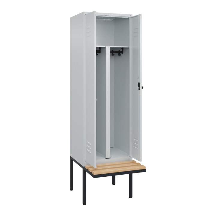 C+P PSA Doppel-Spind Classic PLUS, Bank, 2 Abteile, 2120x600x815mm, 7035/7035 Verschluss Sicherheits-Drehriegel Sitzbanktyp auskragend Material Sitzfläche Buche-Hartholz