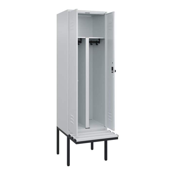 C+P PSA Doppel-Spind Classic PLUS, Bank, 2 Abteile, 2120x600x815mm, 7035/7035 Verschluss Sicherheits-Drehriegel Sitzbanktyp auskragend Material Sitzfläche Kunststoff