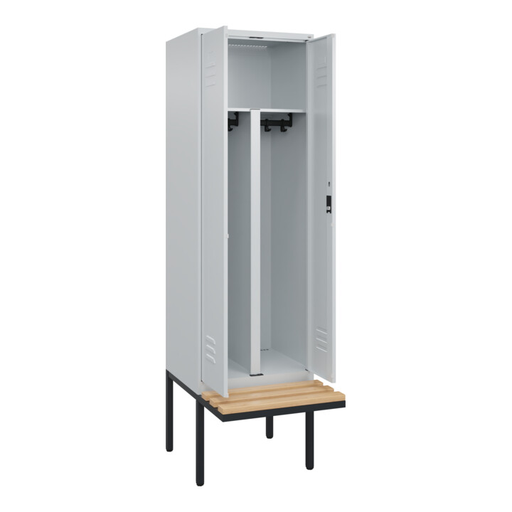 C+P PSA Doppel-Spind Classic PLUS, Bank, 2 Abteile, 2120x600x815mm, 7035/7035 Verschluss Zylinderschloss Sitzbanktyp auskragend Material Sitzfläche Buche-Hartholz