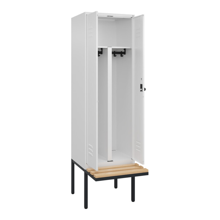 C+P PSA Doppel-Spind Classic PLUS, Bank, 2 Abteile, 2120x600x815mm, 9016/9016 Verschluss Sicherheits-Drehriegel Sitzbanktyp auskragend Material Sitzfläche Buche-Hartholz