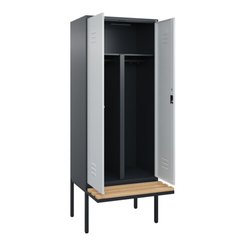C+P PSA Doppel-Spind Classic PLUS, Bank, 2 Abteile, 2120x800x815mm, 7016/7035 Verschluss Zylinderschloss Sitzbanktyp auskragend Material Sitzfläche Buche-Hartholz