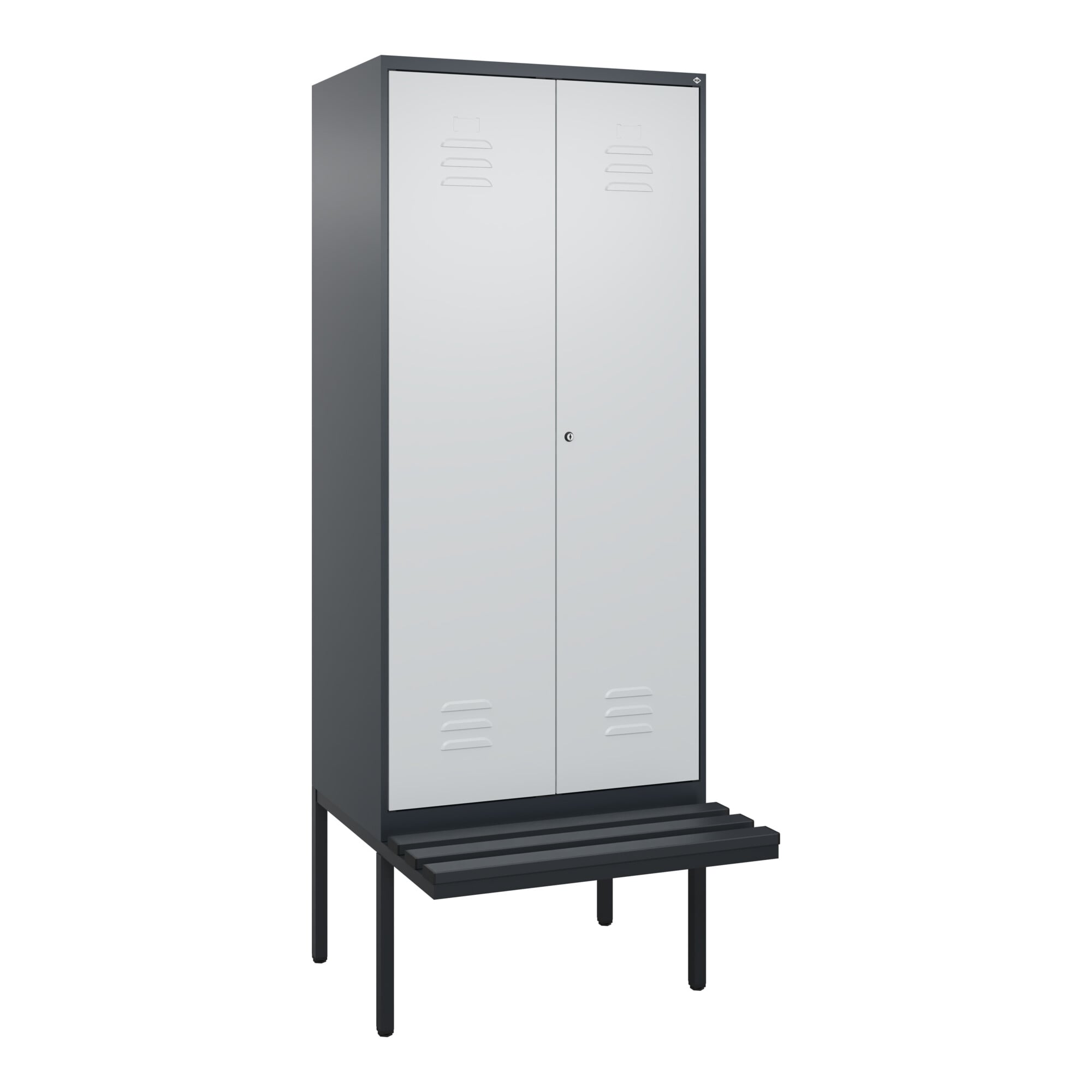 C+P PSA Doppel-Spind Classic PLUS, Bank, 2 Abteile, 2120x800x815mm, 7016/7035 Verschluss Zylinderschloss Sitzbanktyp auskragend Material Sitzfläche Ku