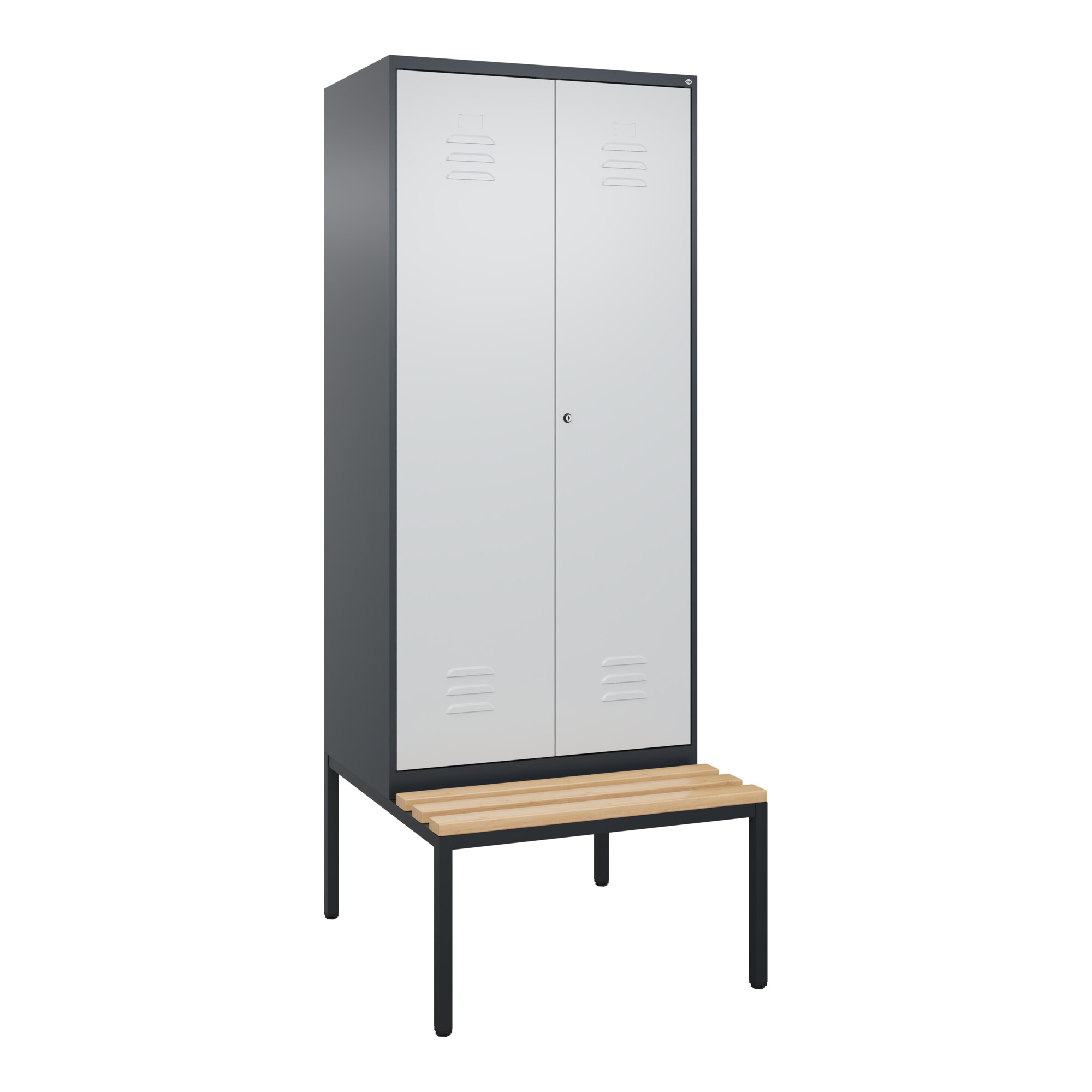 C+P PSA Doppel-Spind Classic PLUS, Bank, 2 Abteile, 2120x800x815mm, 7016/7035 Verschluss Zylinderschloss Sitzbanktyp untergebaut Material Sitzfläche B