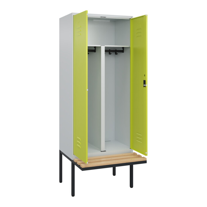 C+P PSA Doppel-Spind Classic PLUS, Bank, 2 Abteile, 2120x800x815mm, 7035/0024 Verschluss Zylinderschloss Sitzbanktyp auskragend Material Sitzfläche Buche-Hartholz