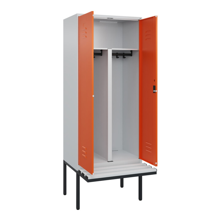 C+P PSA Doppel-Spind Classic PLUS, Bank, 2 Abteile, 2120x800x815mm, 7035/2004 Verschluss Zylinderschloss Sitzbanktyp auskragend Material Sitzfläche Kunststoff