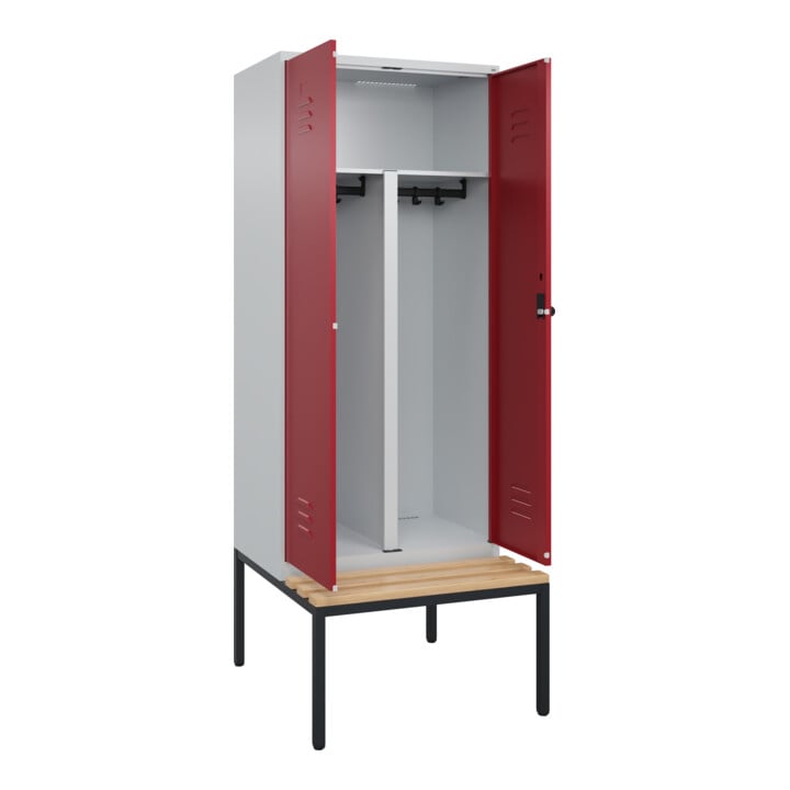 C+P PSA Doppel-Spind Classic PLUS, Bank, 2 Abteile, 2120x800x815mm, 7035/3003 Verschluss Sicherheits-Drehriegel Sitzbanktyp untergebaut Material Sitzfläche Buche-Hartholz