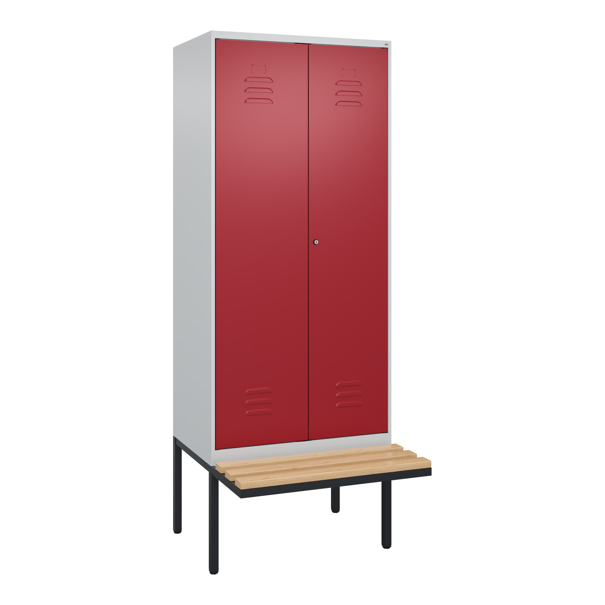 C+P PSA Doppel-Spind Classic PLUS, Bank, 2 Abteile, 2120x800x815mm, 7035/3003 Verschluss Zylinderschloss Sitzbanktyp auskragend Material Sitzfläche Bu