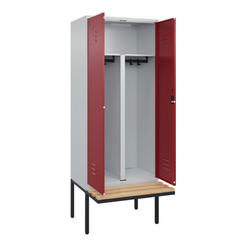 C+P PSA Doppel-Spind Classic PLUS, Bank, 2 Abteile, 2120x800x815mm, 7035/3003 Verschluss Zylinderschloss Sitzbanktyp auskragend Material Sitzfläche Buche-Hartholz