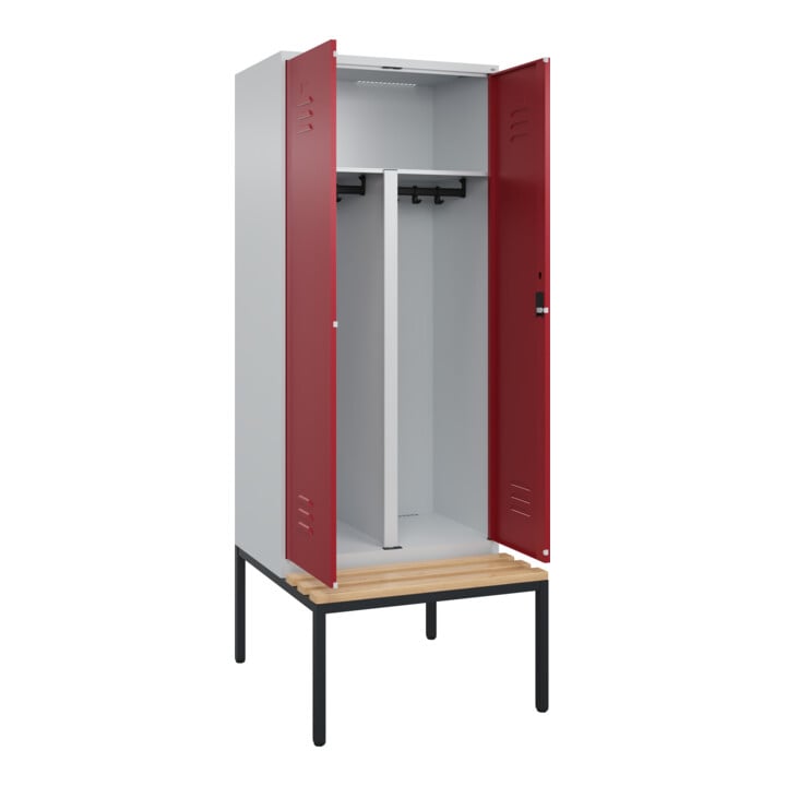 C+P PSA Doppel-Spind Classic PLUS, Bank, 2 Abteile, 2120x800x815mm, 7035/3003 Verschluss Zylinderschloss Sitzbanktyp untergebaut Material Sitzfläche Buche-Hartholz