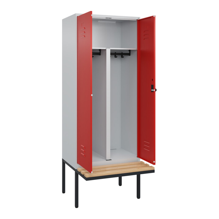 C+P PSA Doppel-Spind Classic PLUS, Bank, 2 Abteile, 2120x800x815mm, 7035/3020 Verschluss Sicherheits-Drehriegel Sitzbanktyp auskragend Material Sitzfläche Buche-Hartholz