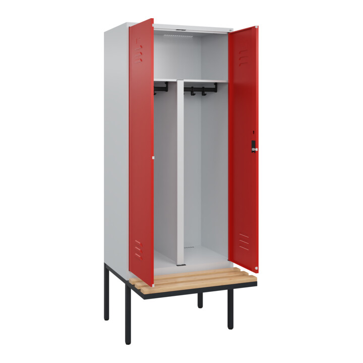 C+P PSA Doppel-Spind Classic PLUS, Bank, 2 Abteile, 2120x800x815mm, 7035/3020 Verschluss Zylinderschloss Sitzbanktyp auskragend Material Sitzfläche Buche-Hartholz