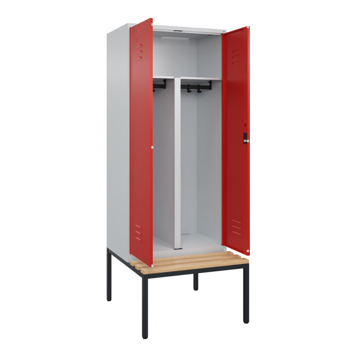 C+P PSA Doppel-Spind Classic PLUS, Bank, 2 Abteile, 2120x800x815mm, 7035/3020 Verschluss Zylinderschloss Sitzbanktyp untergebaut Material Sitzfläche Buche-Hartholz