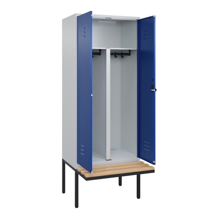 C+P PSA Doppel-Spind Classic PLUS, Bank, 2 Abteile, 2120x800x815mm, 7035/5010 Verschluss Sicherheits-Drehriegel Sitzbanktyp auskragend Material Sitzfläche Buche-Hartholz