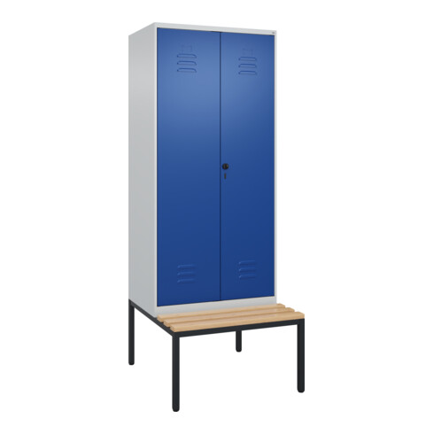 C+P PSA Doppel-Spind Classic PLUS, Bank, 2 Abteile, 2120x800x815mm, 7035/5010 Verschluss Sicherheits-Drehriegel Sitzbanktyp untergebaut Material Sitzfläche Buche-Hartholz