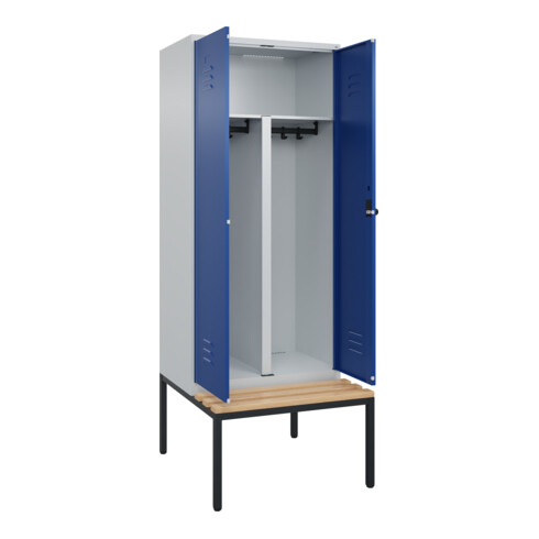 C+P PSA Doppel-Spind Classic PLUS, Bank, 2 Abteile, 2120x800x815mm, 7035/5010 Verschluss Sicherheits-Drehriegel Sitzbanktyp untergebaut Material Sitzfläche Buche-Hartholz