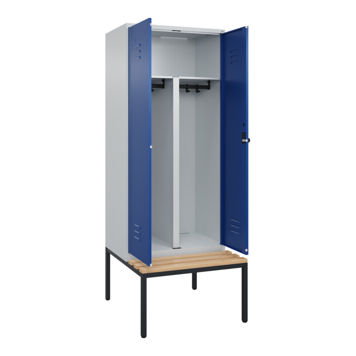 C+P PSA Doppel-Spind Classic PLUS, Bank, 2 Abteile, 2120x800x815mm, 7035/5010 Verschluss Sicherheits-Drehriegel Sitzbanktyp untergebaut Material Sitzfläche Buche-Hartholz