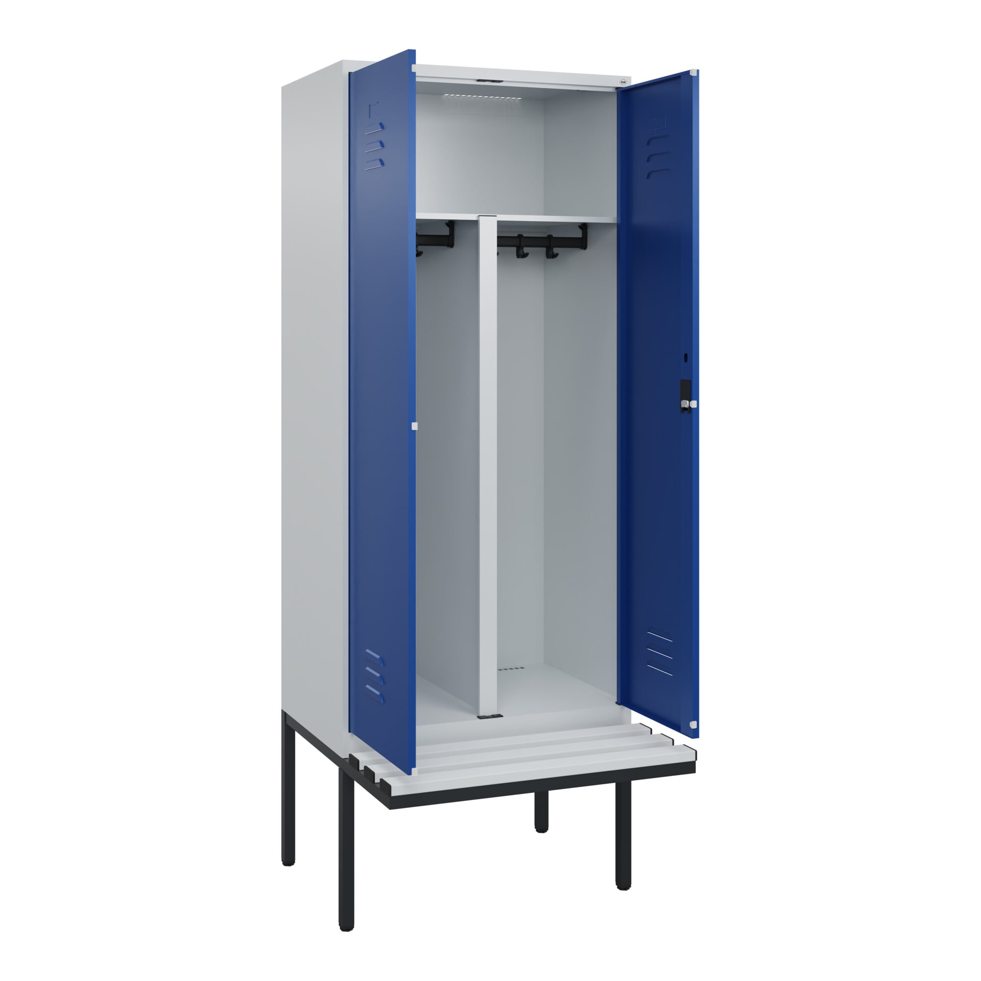 C+P PSA Doppel-Spind Classic PLUS, Bank, 2 Abteile, 2120x800x815mm, 7035/5010 Verschluss Zylinderschloss Sitzbanktyp auskragend Material Sitzfläche Ku