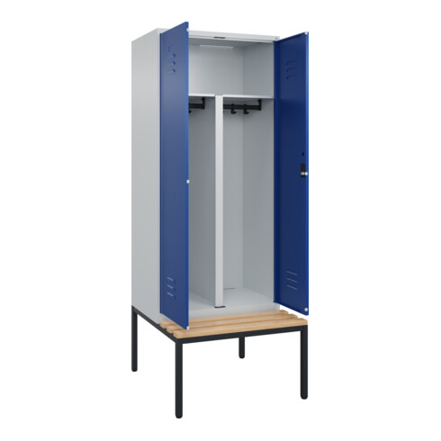 C+P PSA Doppel-Spind Classic PLUS, Bank, 2 Abteile, 2120x800x815mm, 7035/5010 Verschluss Zylinderschloss Sitzbanktyp untergebaut Material Sitzfläche Buche-Hartholz
