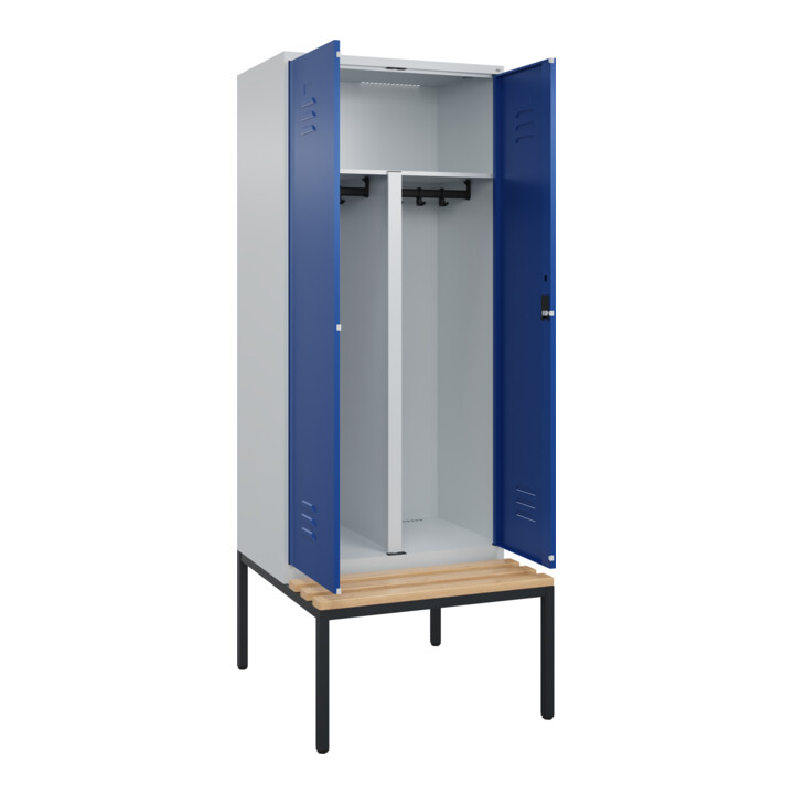 C+P PSA Doppel-Spind Classic PLUS, Bank, 2 Abteile, 2120x800x815mm, 7035/5010 Verschluss Zylinderschloss Sitzbanktyp untergebaut Material Sitzfläche Buche-Hartholz