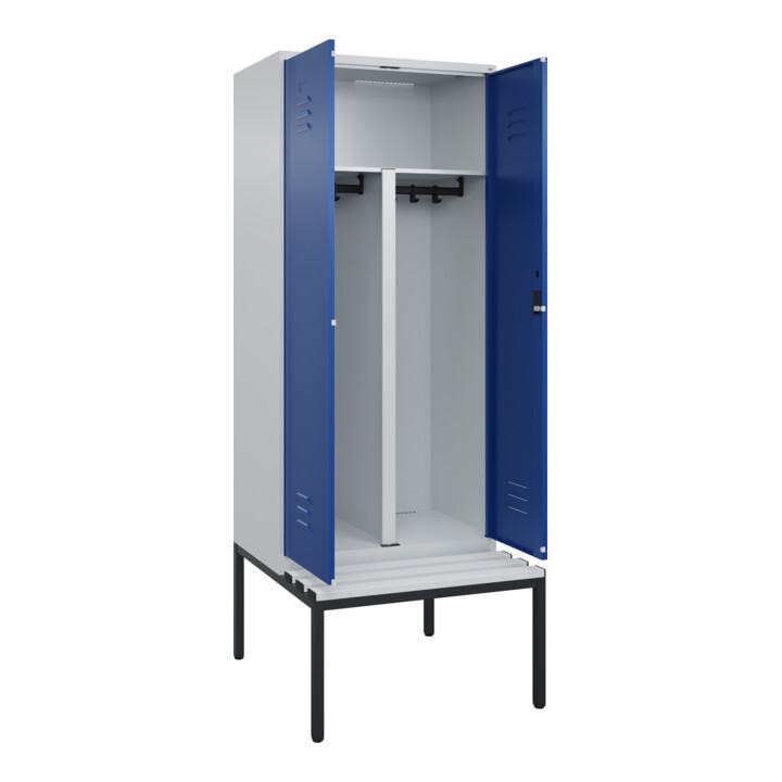 C+P PSA Doppel-Spind Classic PLUS, Bank, 2 Abteile, 2120x800x815mm, 7035/5010 Verschluss Zylinderschloss Sitzbanktyp untergebaut Material Sitzfläche Kunststoff