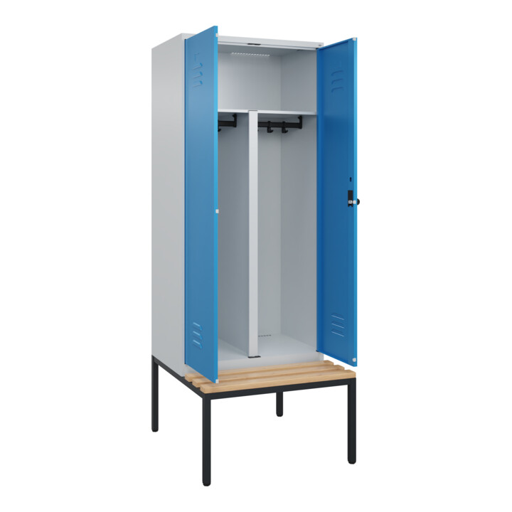 C+P PSA Doppel-Spind Classic PLUS, Bank, 2 Abteile, 2120x800x815mm, 7035/5012 Verschluss Sicherheits-Drehriegel Sitzbanktyp untergebaut Material Sitzfläche Buche-Hartholz