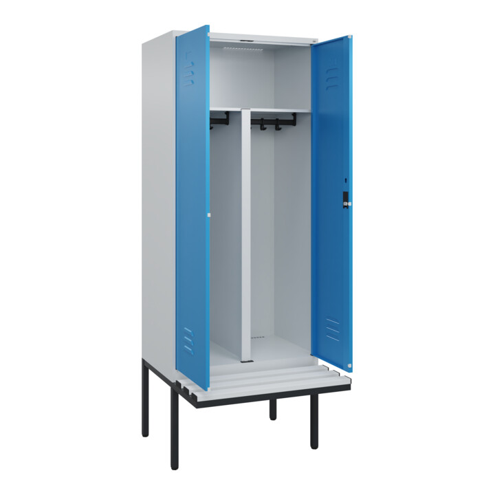 C+P PSA Doppel-Spind Classic PLUS, Bank, 2 Abteile, 2120x800x815mm, 7035/5012 Verschluss Zylinderschloss Sitzbanktyp auskragend Material Sitzfläche Kunststoff
