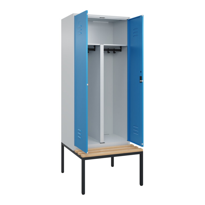 C+P PSA Doppel-Spind Classic PLUS, Bank, 2 Abteile, 2120x800x815mm, 7035/5012 Verschluss Zylinderschloss Sitzbanktyp untergebaut Material Sitzfläche Buche-Hartholz