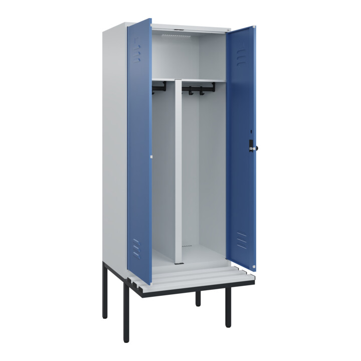 C+P PSA Doppel-Spind Classic PLUS, Bank, 2 Abteile, 2120x800x815mm, 7035/5023 Verschluss Sicherheits-Drehriegel Sitzbanktyp auskragend Material Sitzfläche Kunststoff