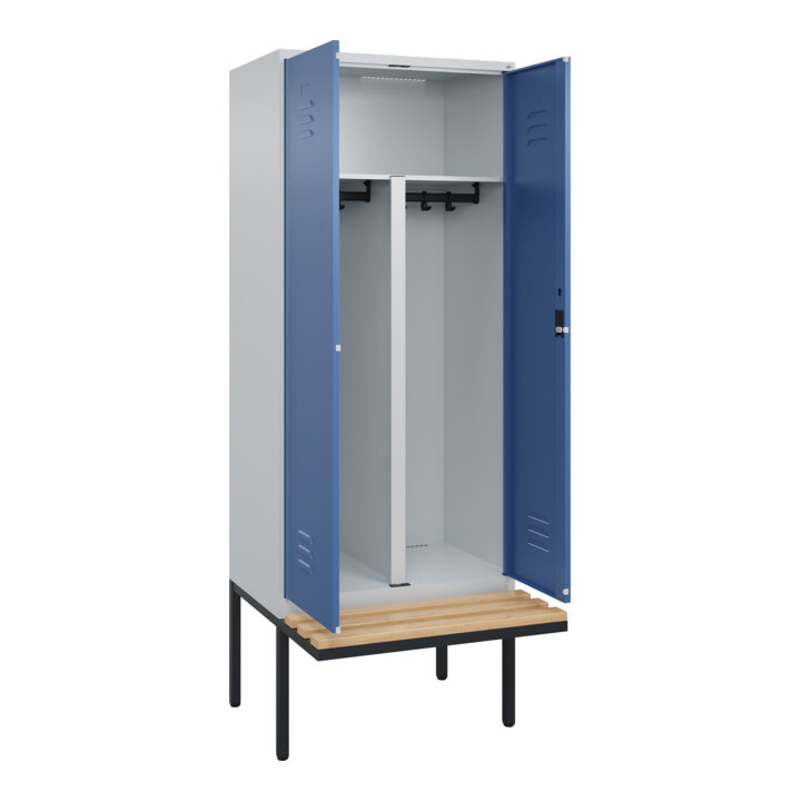 C+P PSA Doppel-Spind Classic PLUS, Bank, 2 Abteile, 2120x800x815mm, 7035/5023 Verschluss Zylinderschloss Sitzbanktyp auskragend Material Sitzfläche Buche-Hartholz