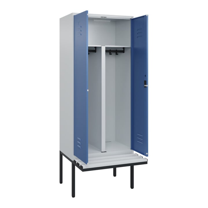 C+P PSA Doppel-Spind Classic PLUS, Bank, 2 Abteile, 2120x800x815mm, 7035/5023 Verschluss Zylinderschloss Sitzbanktyp auskragend Material Sitzfläche Kunststoff