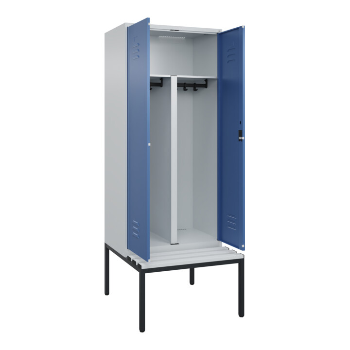 C+P PSA Doppel-Spind Classic PLUS, Bank, 2 Abteile, 2120x800x815mm, 7035/5023 Verschluss Zylinderschloss Sitzbanktyp untergebaut Material Sitzfläche Kunststoff