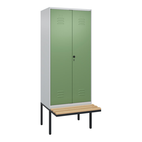 C+P PSA Doppel-Spind Classic PLUS, Bank, 2 Abteile, 2120x800x815mm, 7035/6011 Verschluss Sicherheits-Drehriegel Sitzbanktyp auskragend Material Sitzfläche Buche-Hartholz