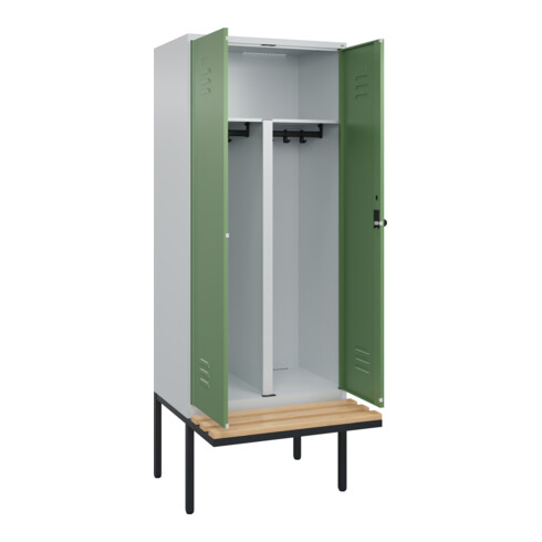 C+P PSA Doppel-Spind Classic PLUS, Bank, 2 Abteile, 2120x800x815mm, 7035/6011 Verschluss Sicherheits-Drehriegel Sitzbanktyp auskragend Material Sitzfläche Buche-Hartholz