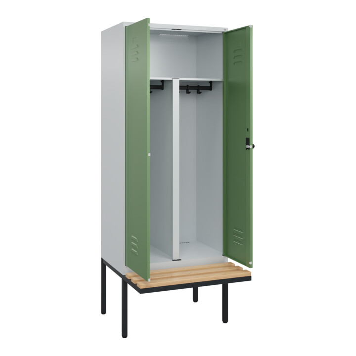 C+P PSA Doppel-Spind Classic PLUS, Bank, 2 Abteile, 2120x800x815mm, 7035/6011 Verschluss Sicherheits-Drehriegel Sitzbanktyp auskragend Material Sitzfläche Buche-Hartholz
