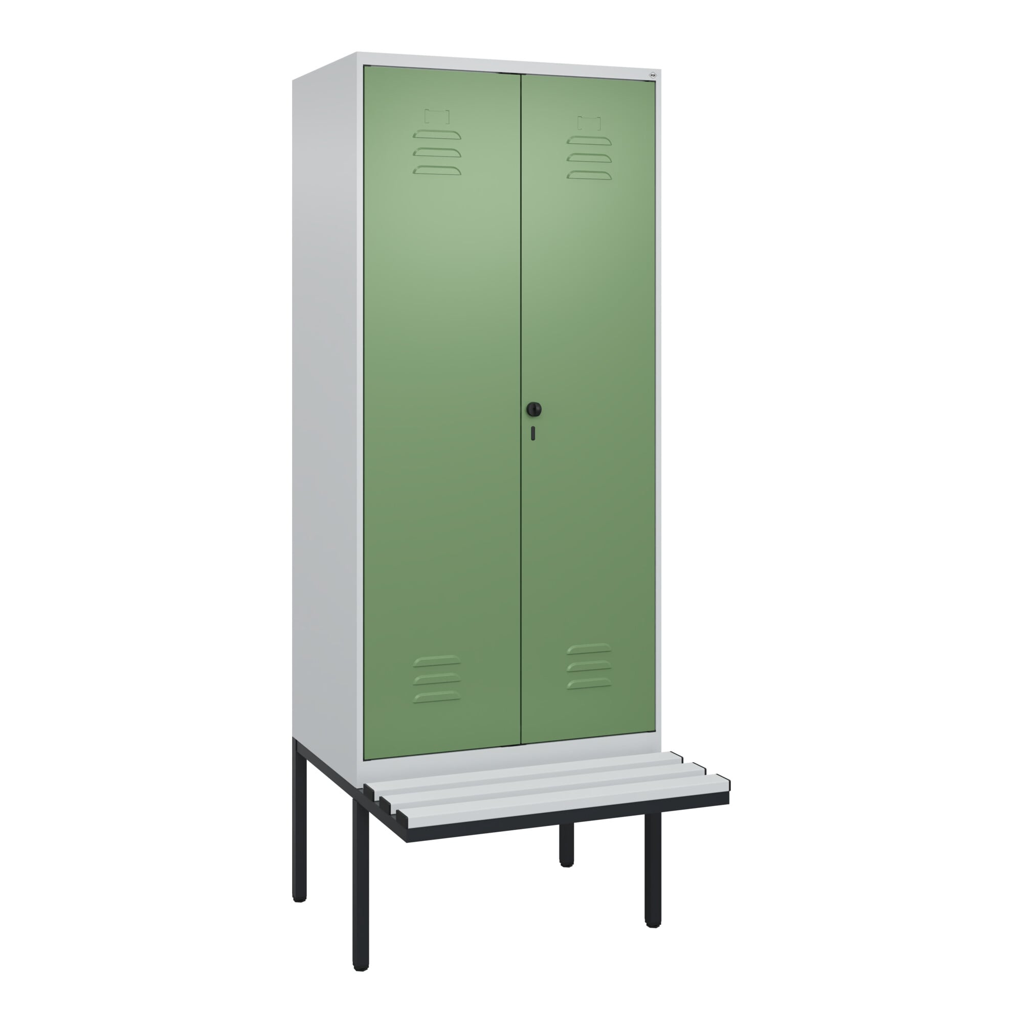 C+P PSA Doppel-Spind Classic PLUS, Bank, 2 Abteile, 2120x800x815mm, 7035/6011 Verschluss Sicherheits-Drehriegel Sitzbanktyp auskragend Material Sitzfl