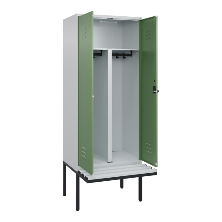 C+P PSA Doppel-Spind Classic PLUS, Bank, 2 Abteile, 2120x800x815mm, 7035/6011 Verschluss Sicherheits-Drehriegel Sitzbanktyp auskragend Material Sitzfläche Kunststoff