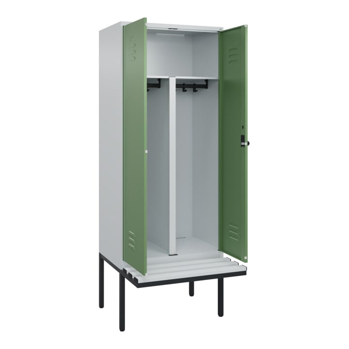 C+P PSA Doppel-Spind Classic PLUS, Bank, 2 Abteile, 2120x800x815mm, 7035/6011 Verschluss Sicherheits-Drehriegel Sitzbanktyp auskragend Material Sitzfläche Kunststoff