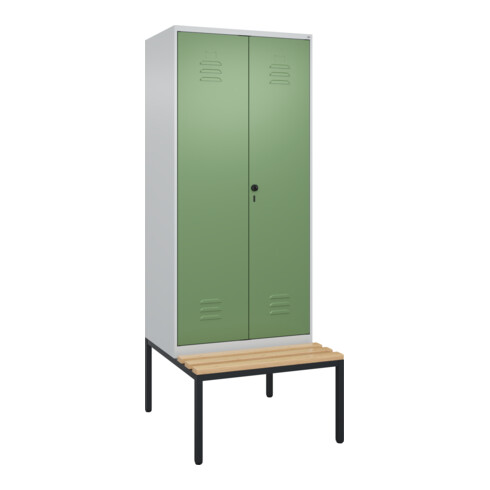 C+P PSA Doppel-Spind Classic PLUS, Bank, 2 Abteile, 2120x800x815mm, 7035/6011 Verschluss Sicherheits-Drehriegel Sitzbanktyp untergebaut Material Sitzfläche Buche-Hartholz