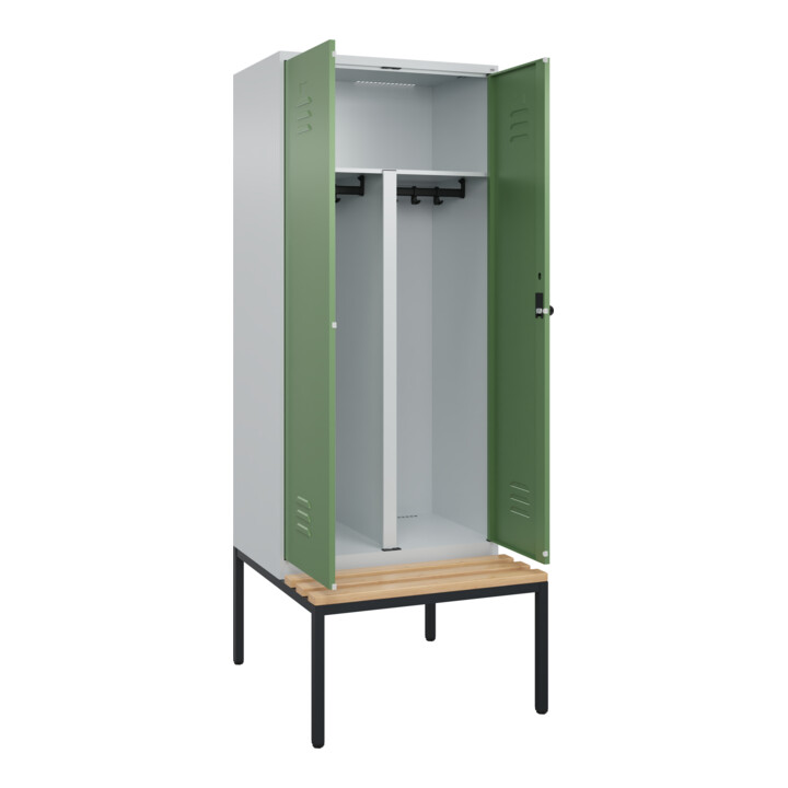 C+P PSA Doppel-Spind Classic PLUS, Bank, 2 Abteile, 2120x800x815mm, 7035/6011 Verschluss Sicherheits-Drehriegel Sitzbanktyp untergebaut Material Sitzfläche Buche-Hartholz