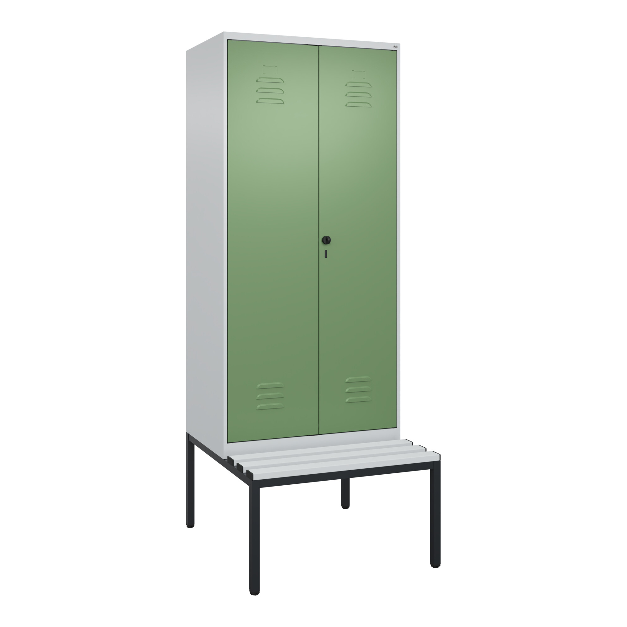 C+P PSA Doppel-Spind Classic PLUS, Bank, 2 Abteile, 2120x800x815mm, 7035/6011 Verschluss Sicherheits-Drehriegel Sitzbanktyp untergebaut Material Sitzf
